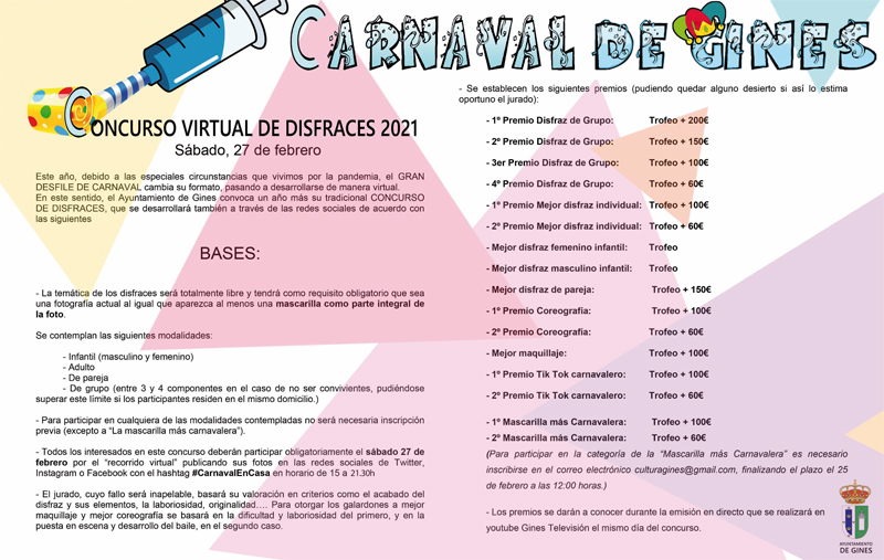 El Concurso de Disfraces del Carnaval de Gines se realizará a través de un ‘pasacalle virtual’  en las redes sociales con la etiqueta #CarnavalEnCasa