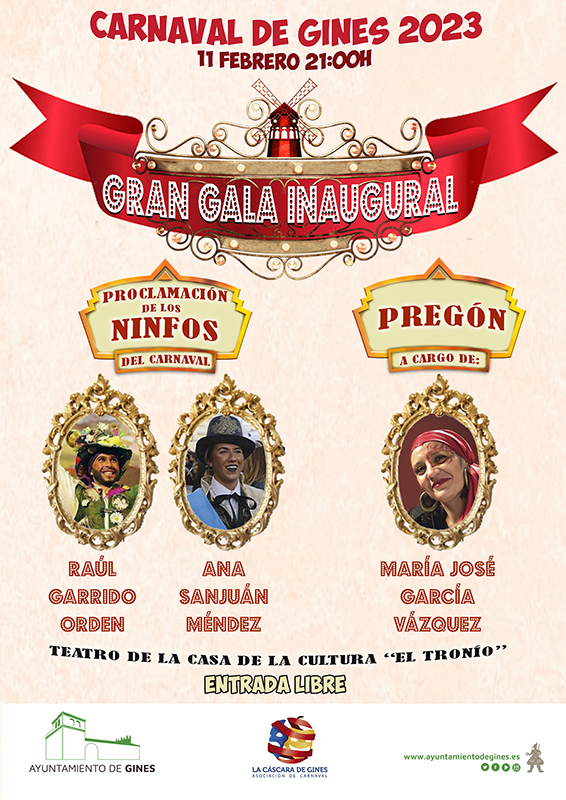 El pregón inaugural y la proclamación de los ninfos abrirán el 11 de febrero el Carnaval de Gines 2023 con una espectacular gala