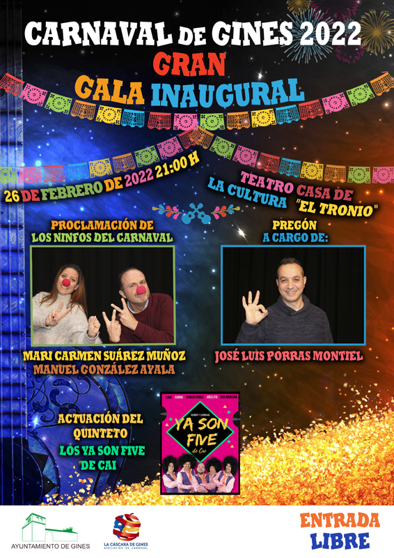 El Carnaval de Gines 2022 arranca el 26 de febrero con la Gran Gala Inaugural, la proclamación de los Ninfos y el Pregón