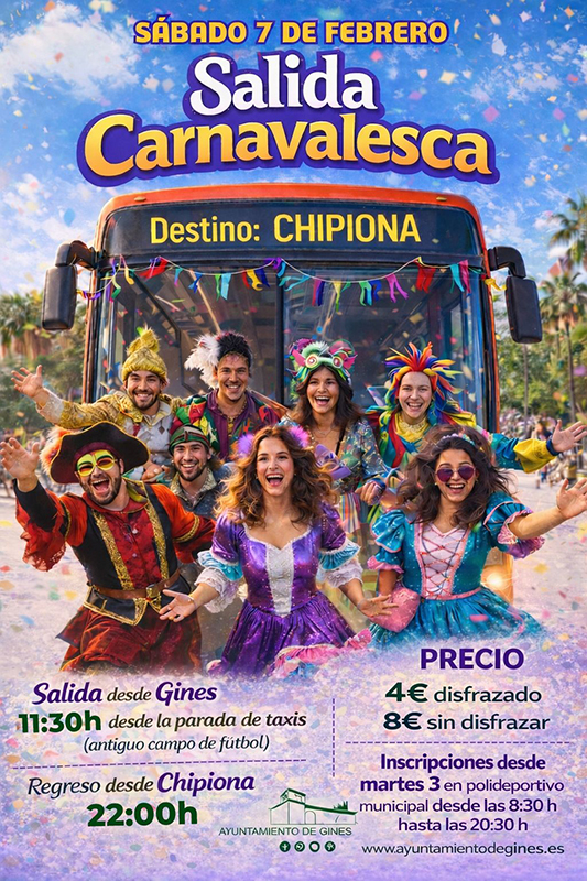 El Ayuntamiento de Gines organiza una salida carnavalesca a Chipiona para este sábado 7 de febrero